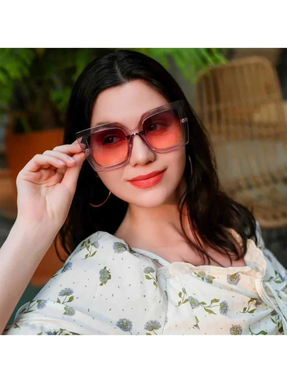 Women's Trendy Square Shades Pearl Inlay Cat Eye UV400 Protection Clear Purple